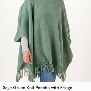 Sage Green Knit Poncho with Fringe